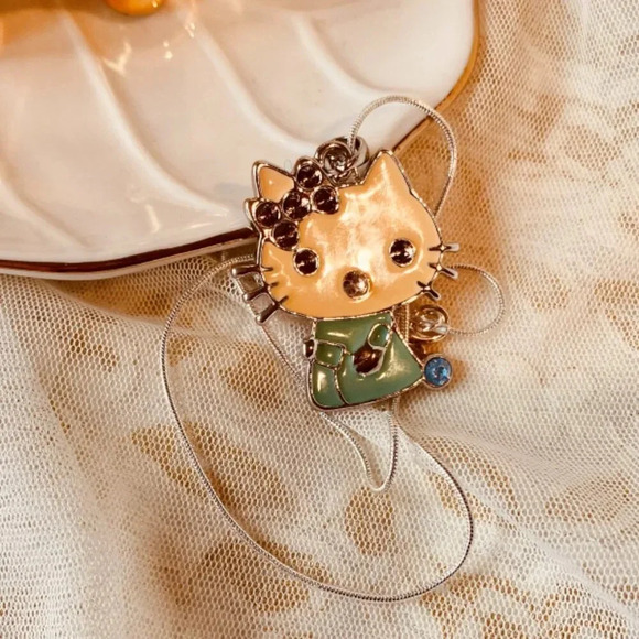 Rhinestone Embellished Kitty Colorful Enamel Metallic Pendant Fashion Necklace - Picture 3 of 6